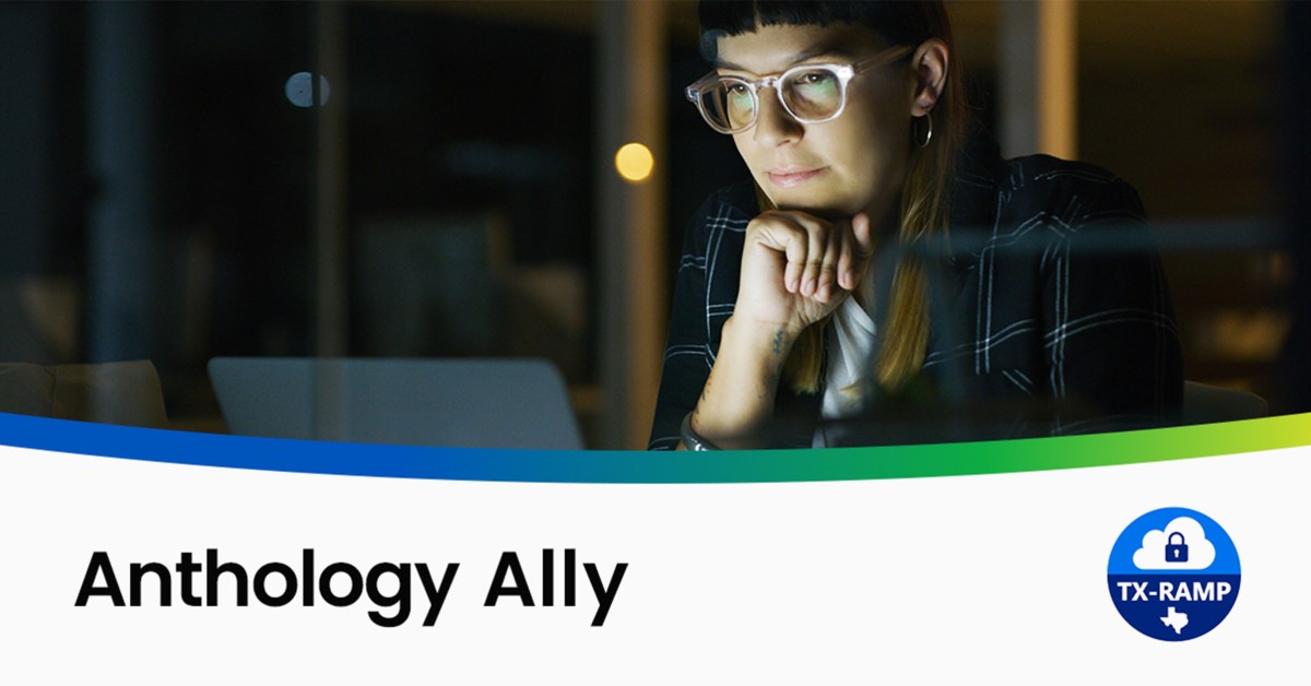 Photo of a woman working at a laptop above the text Anthology Ally and the TX Ramp logo