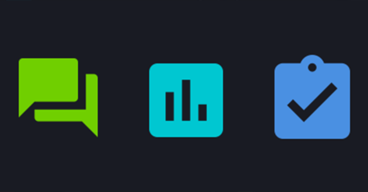 Icons displaying speech bubbles, a graph and a clipboard