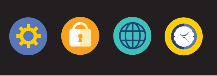 a Gear, a padlock, a globe and a clock