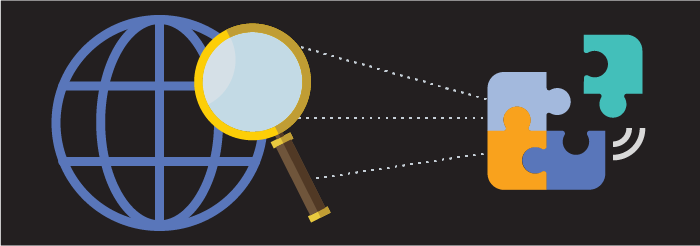 Globe with magnifying glass and puzzle pieces.