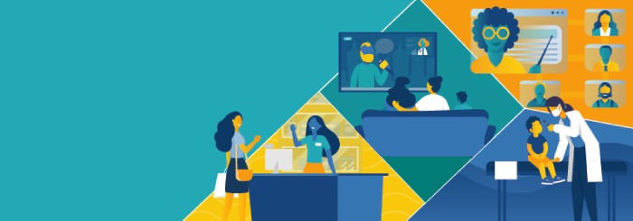 People working, watching tv, having a meeting and attending a virtual class