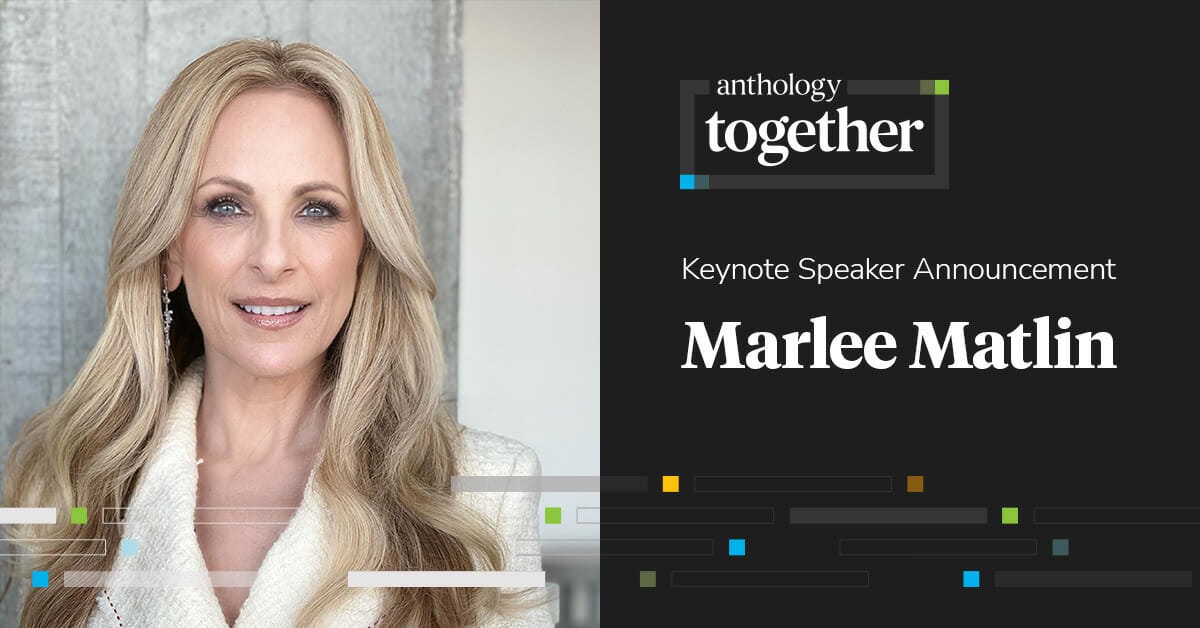 Photo of Marlee Matlin next to the Anthology logo and text, Keynote Speaker Announcement - Marlee Matlin