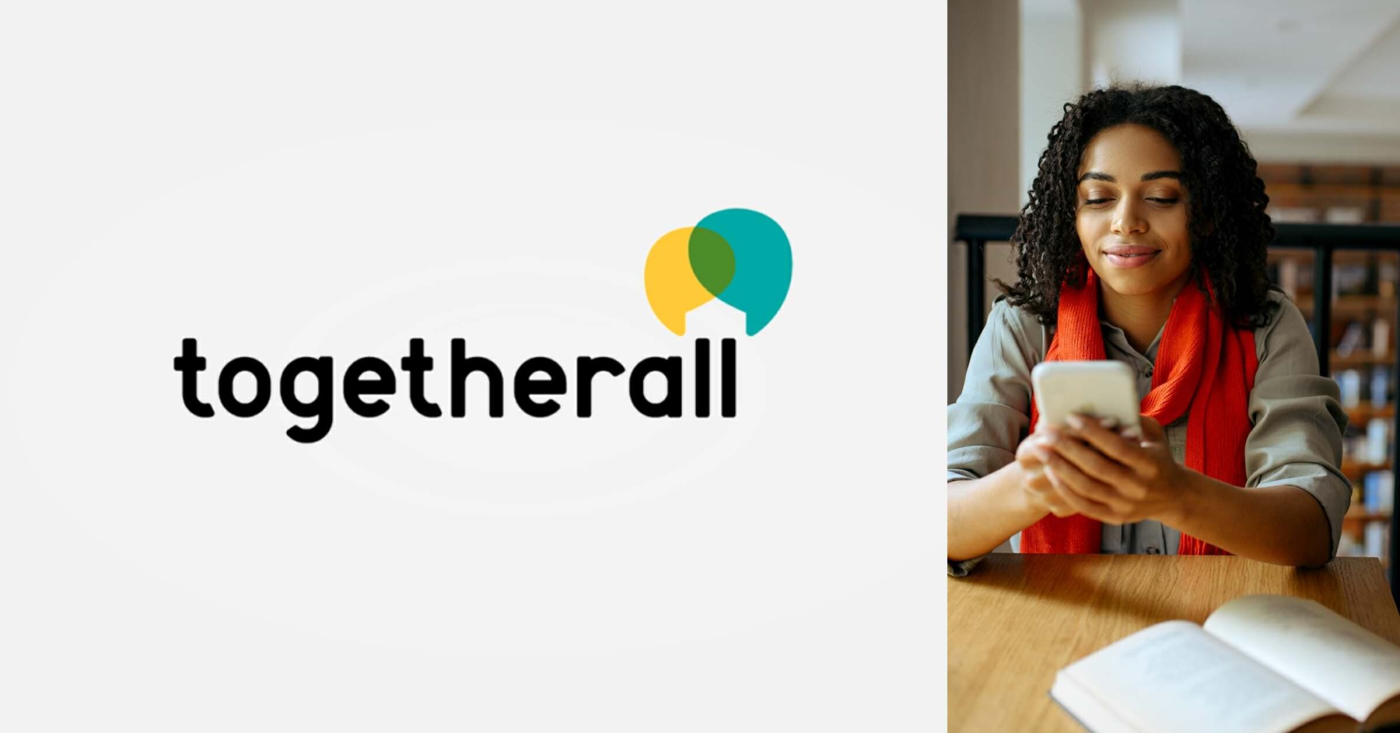 Togetherall logo next to a photo of a woman looking at her phone