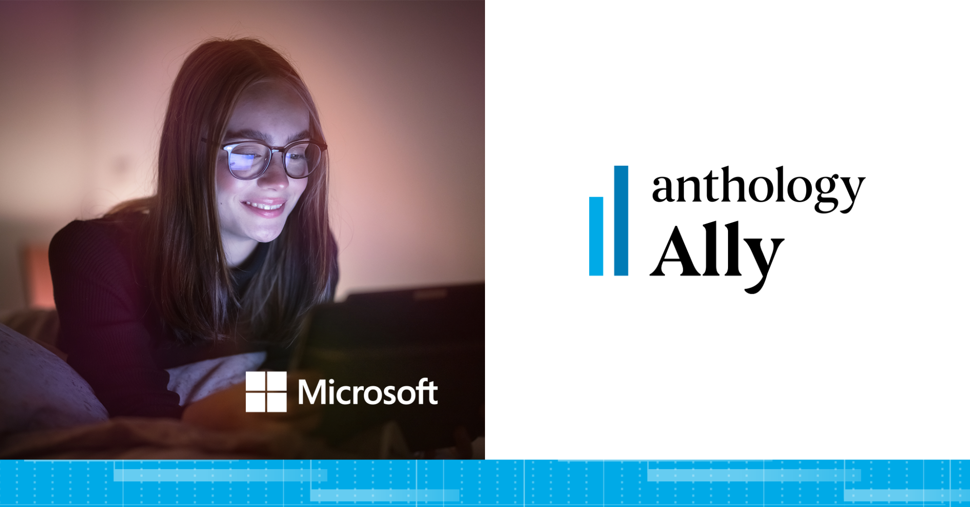 Photo of a woman working with the Microsoft logo overlayed and locked up with the Anthology Ally logo