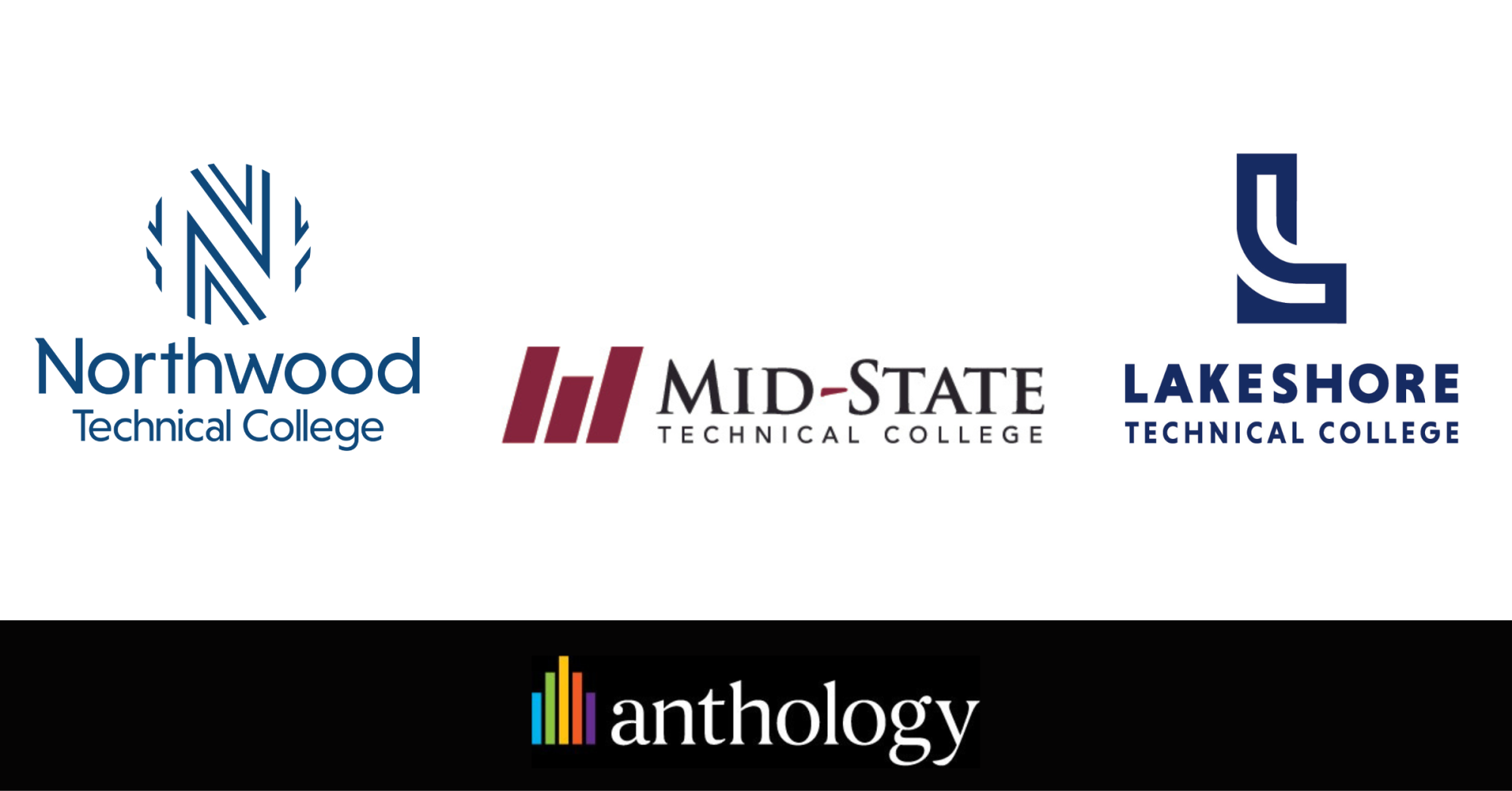 Northwood Technical College, Mid-State Technical College, and Lakeshore Technical College logos locked up with the Anthology logo