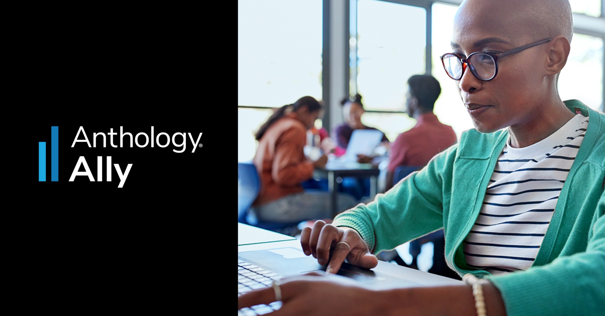 Image divided vertically in two parts. On the left side the Anthology Ally logo is located on a black background. On the right side of this graphic there is a picture of a woman working sat in front of a desk. 