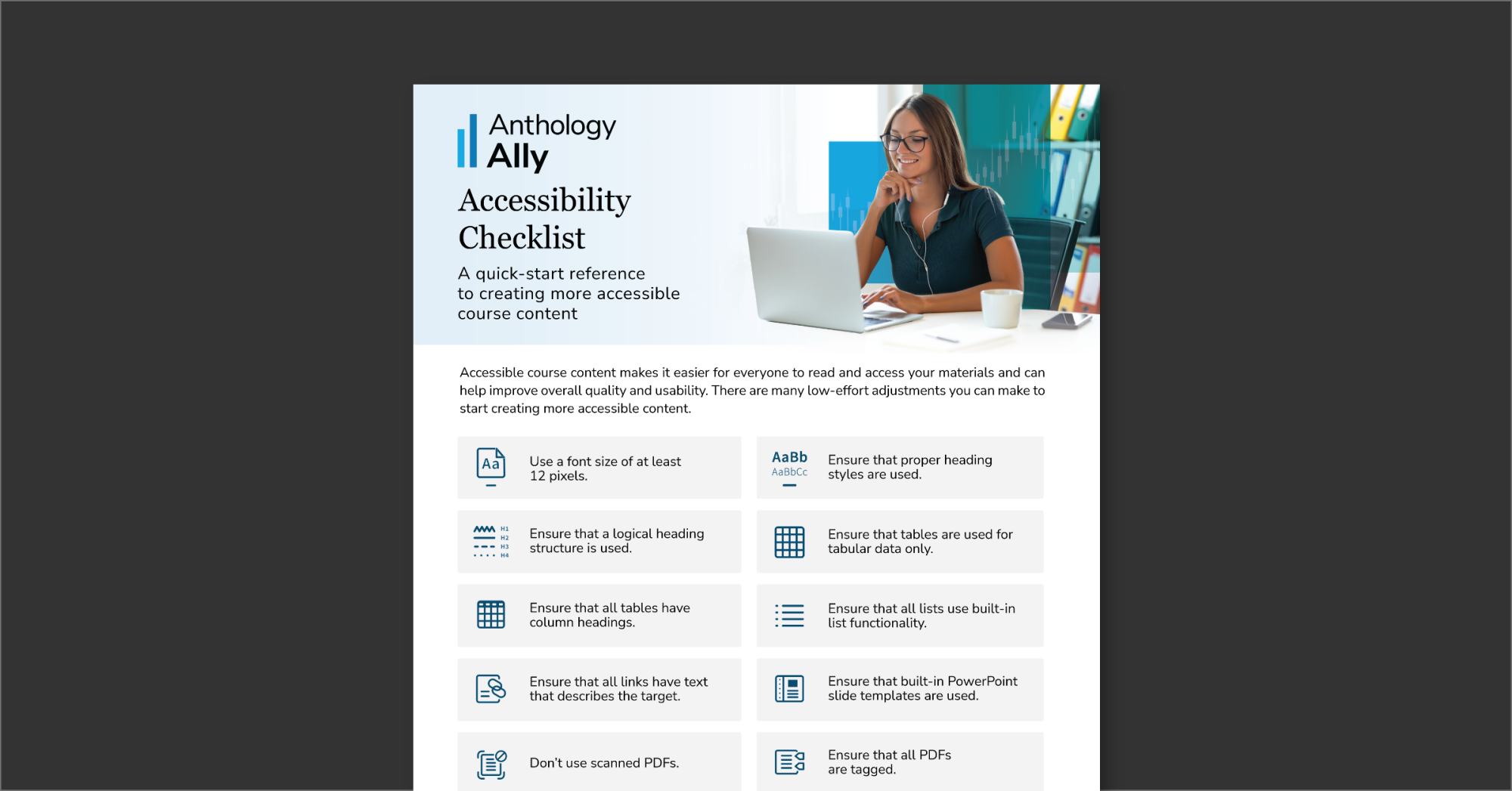Preview of the Anthology Ally Accessibility Checklist one pager