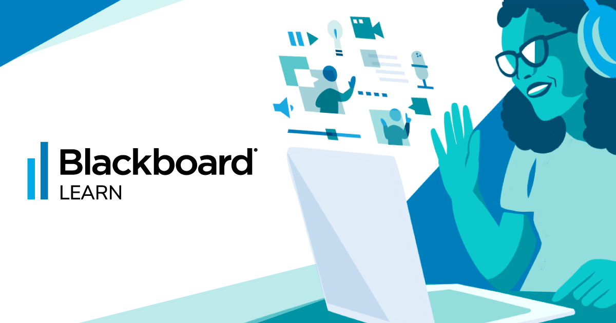 Blackboard Learn logo with an illustration of a woman working at a computer