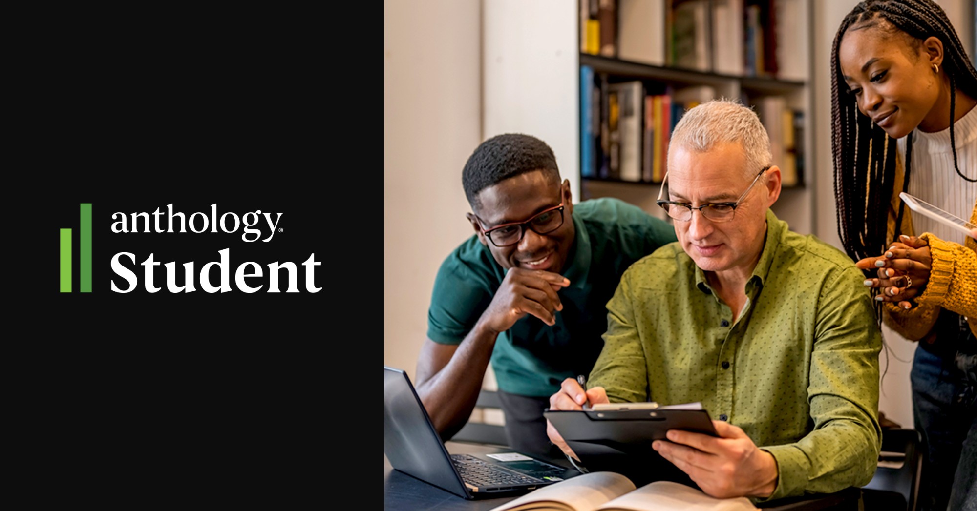 Anthology Student hero image of three people working together in a classroom environment