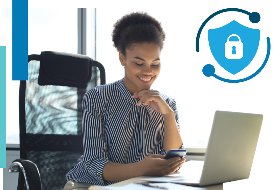 Photo of a woman working at a laptop with security related illustrations