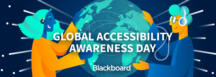 Illustration of two people holding up the earth with the text Global Accessibility Awareness Day