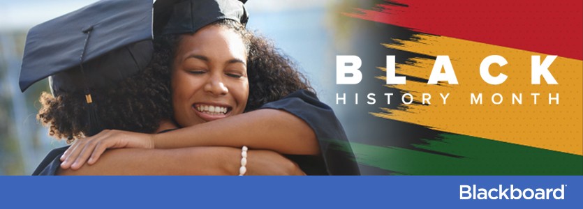 Two black graduates hugging with the text Black History Month overlayed on the image