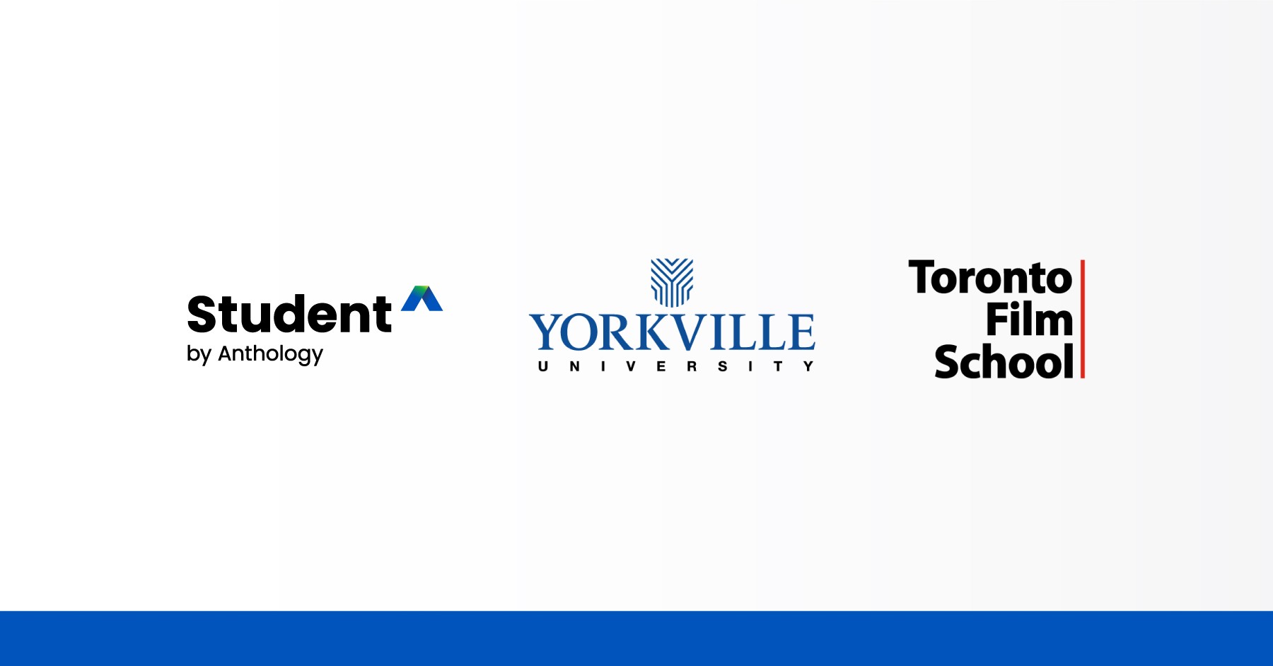 Image of three logos: Student by Anthology, Yorkville University, and Toronto Film School.