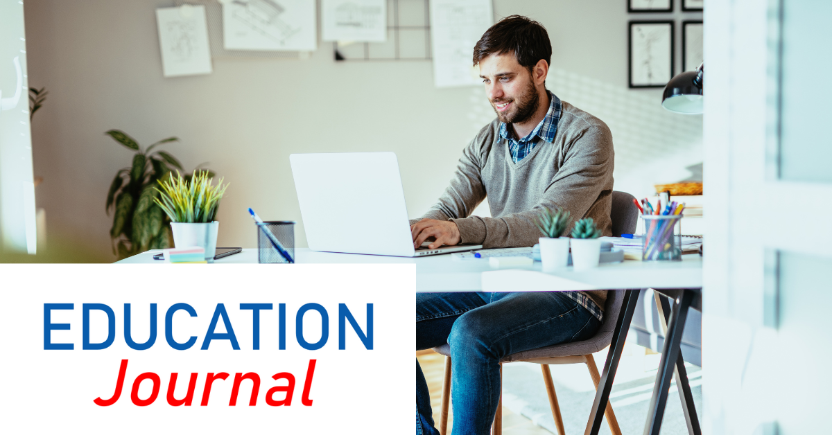 A man working on a laptop at a desk in a modern home office. Education Journal logo below.