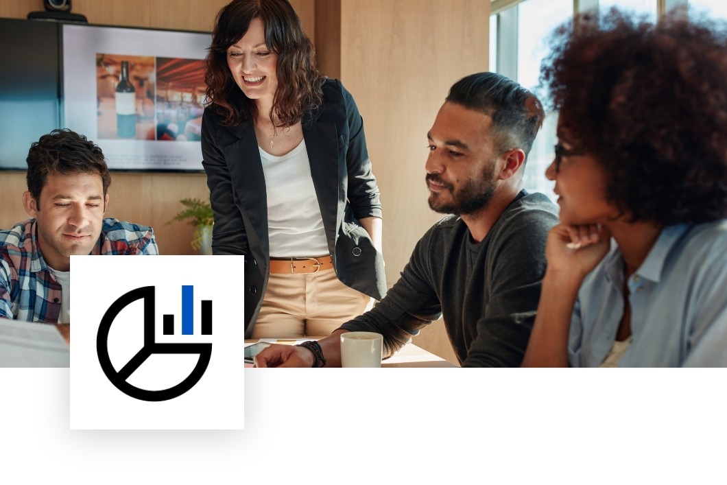 Photo of four people talking with a graph overlay