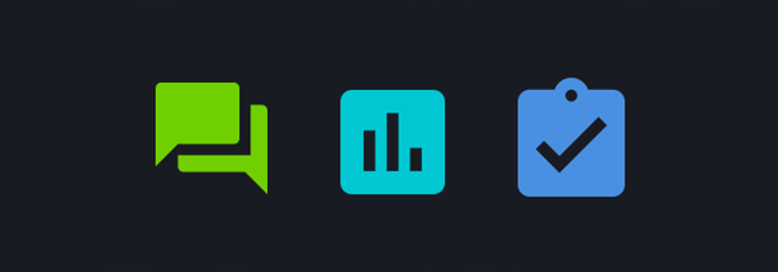 Icons displaying speech bubbles, a graph and a clipboard